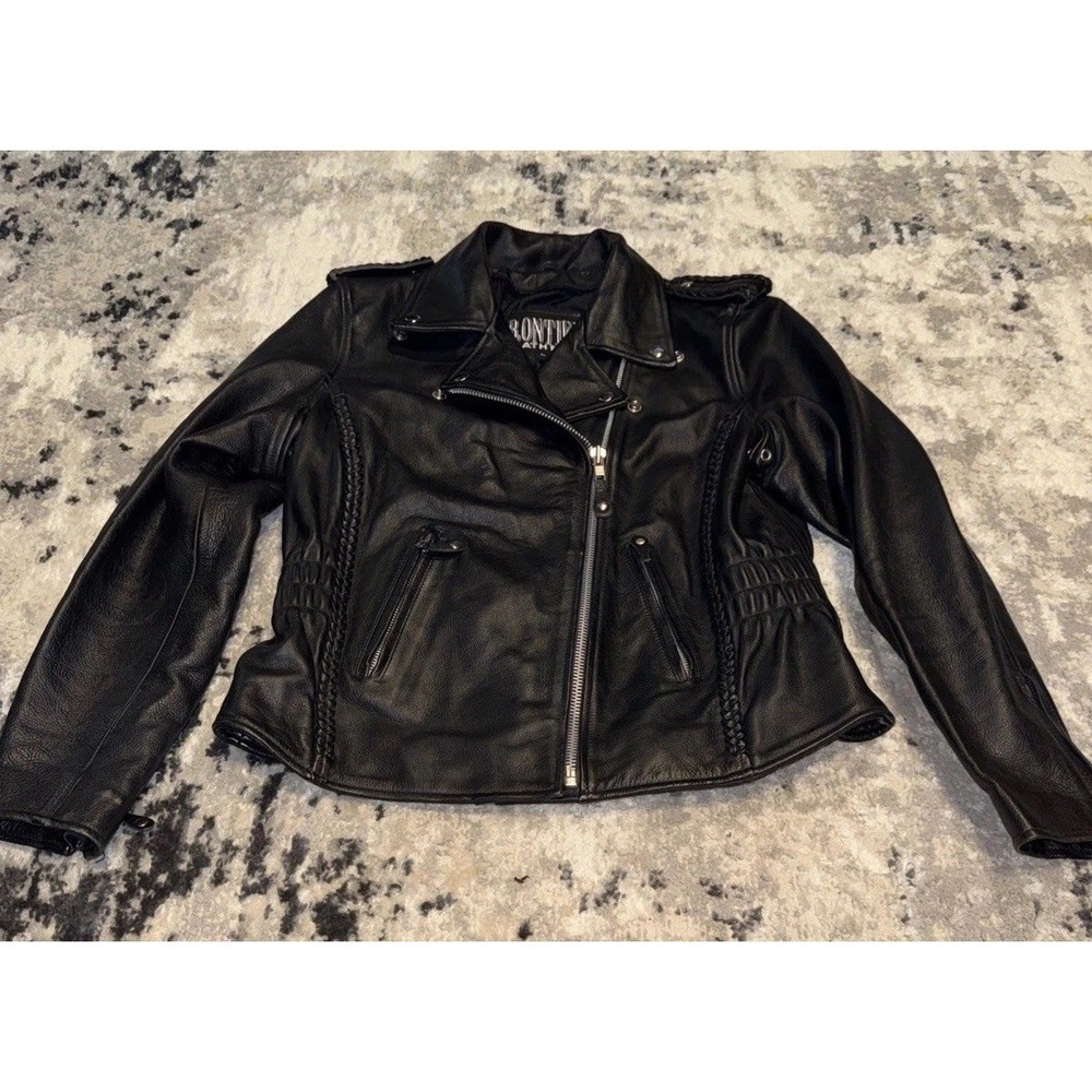 Frontier Leather Womens Black Jacket Biker Motorcycle Zip Size Large Vintage